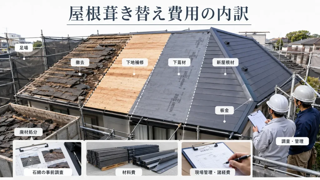 屋根葺き替え工事の費用内訳を、足場・撤去・廃材処分・下地補修・下葺材・新しい屋根材・板金・調査管理の工程ごとに示した写真風画像