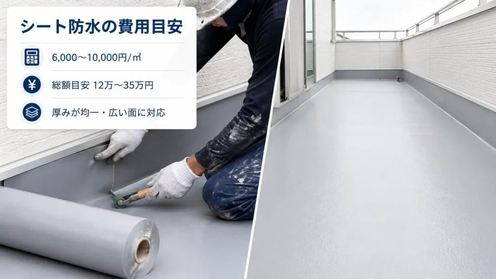ベランダのシート防水施工と、1㎡当たり・ベランダ全体の費用目安を示した画像