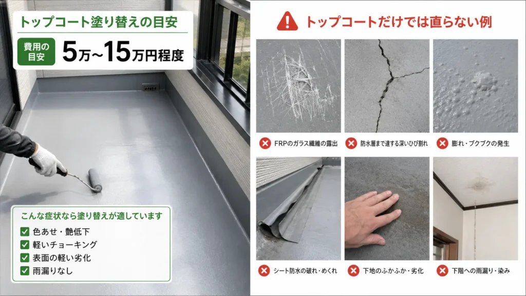 ベランダのトップコート塗り替え費用と、再防水が必要になるひび割れ・膨れ・雨漏りなどの症状を示した画像
