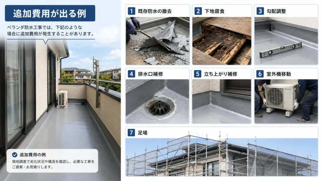 ベランダ防水工事で追加費用が発生する既存防水の撤去・下地補修・排水口補修・室外機移動・足場設置を示した画像
