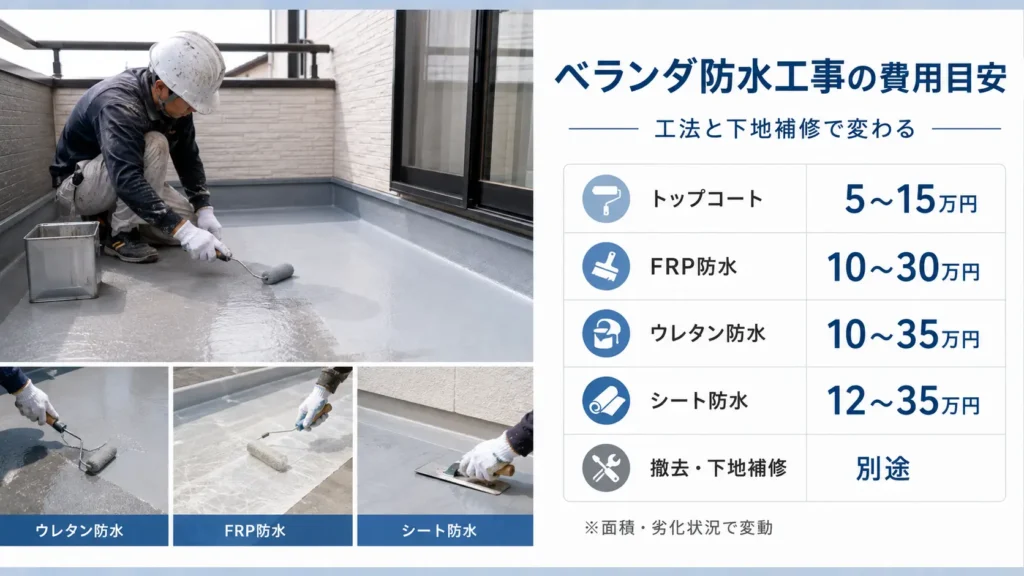 ベランダのトップコート・FRP防水・ウレタン防水・シート防水の工事費用目安を示した画像