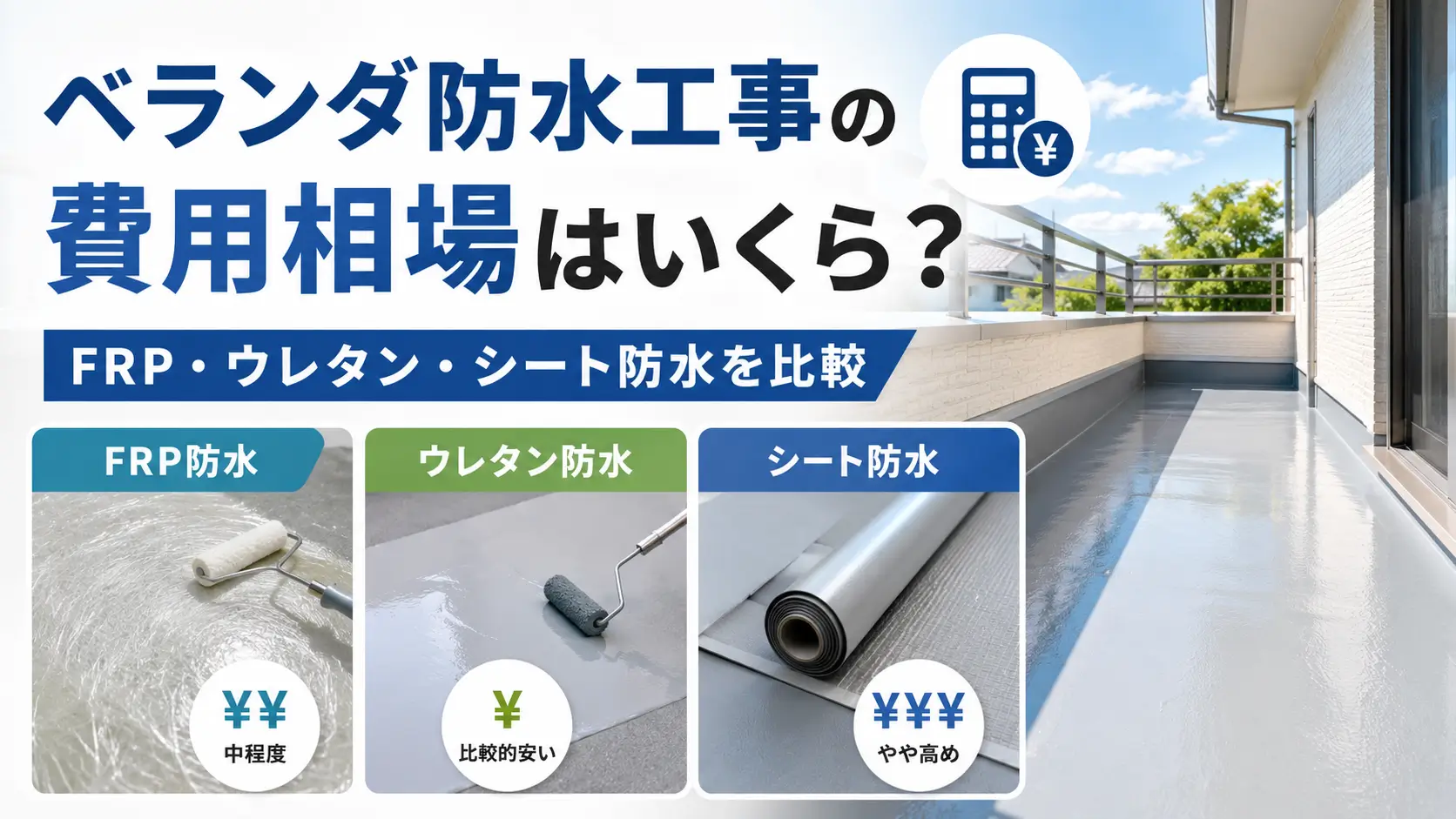 FRP防水・ウレタン防水・シート防水の費用相場を比較したベランダ防水工事のアイキャッチ画像