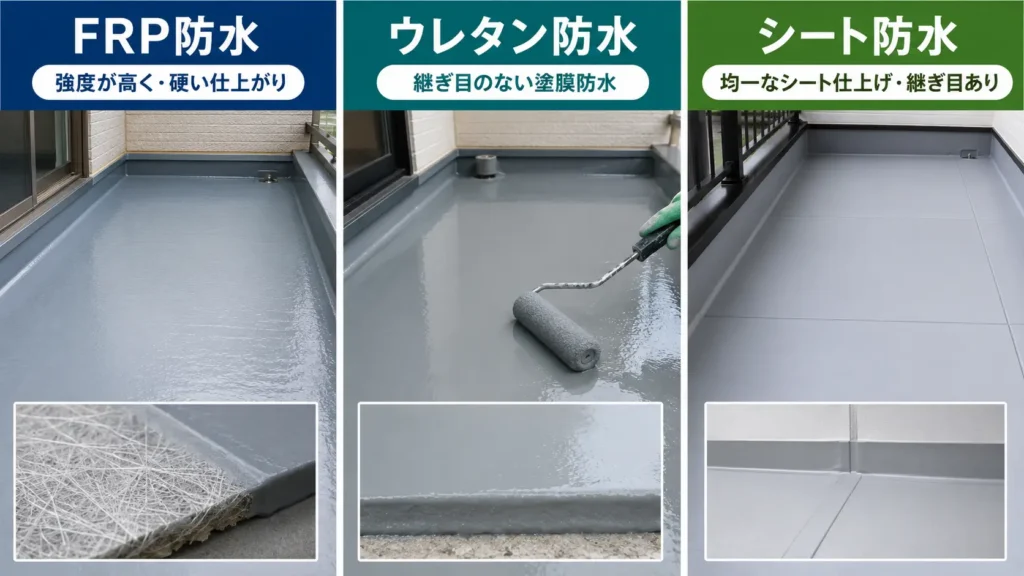 ベランダ防水の主な工法であるFRP防水、ウレタン防水、シート防水の特徴を比較した図解画像