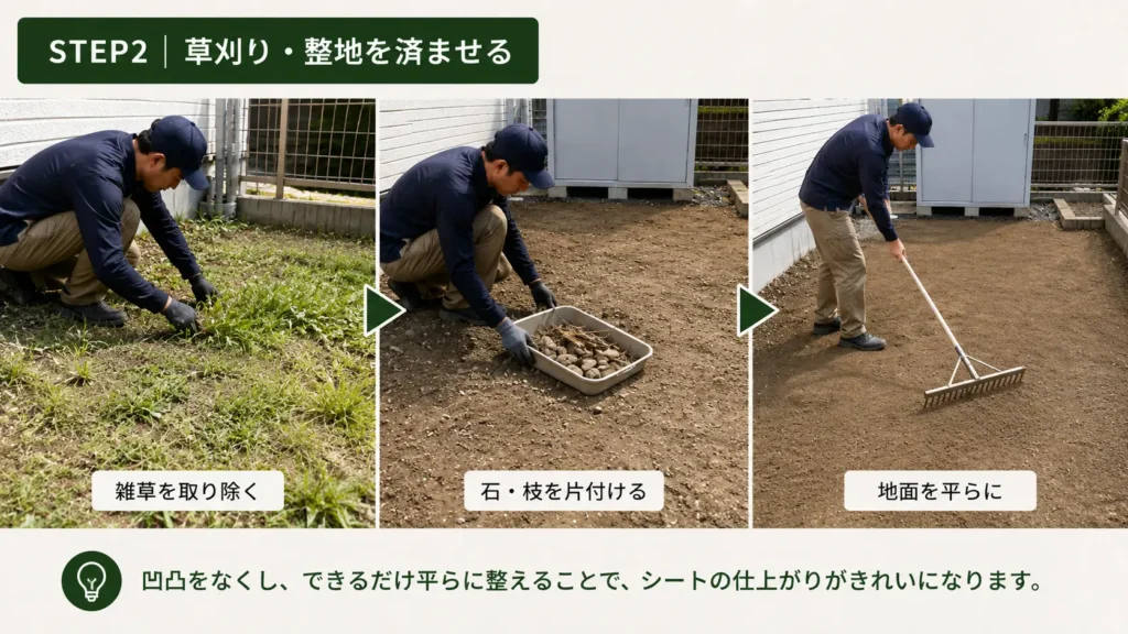 防草シートを敷く前に、雑草や石を取り除いて地面を平らに整えている様子