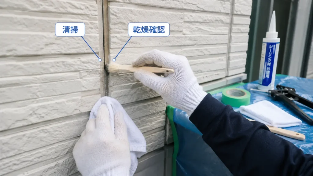外壁コーキング施工前に目地のほこりや汚れを清掃し、乾燥状態を確認する様子