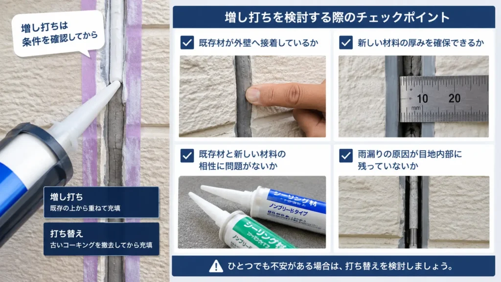 外壁コーキングを増し打ちする前に、接着状態・厚み・材料の相性・雨漏りの有無を確認する画像