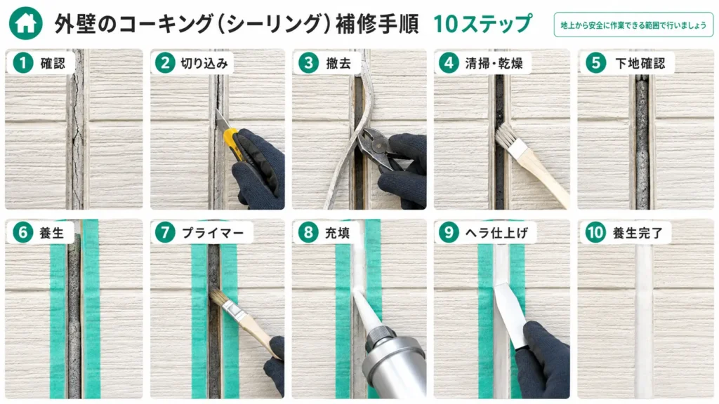 外壁コーキングの打ち替え手順を、確認から養生完了まで10ステップで示した画像