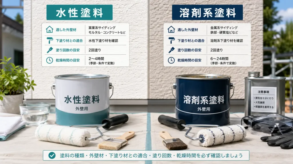 外壁塗装に使う水性塗料と溶剤系塗料の違いを比較した画像