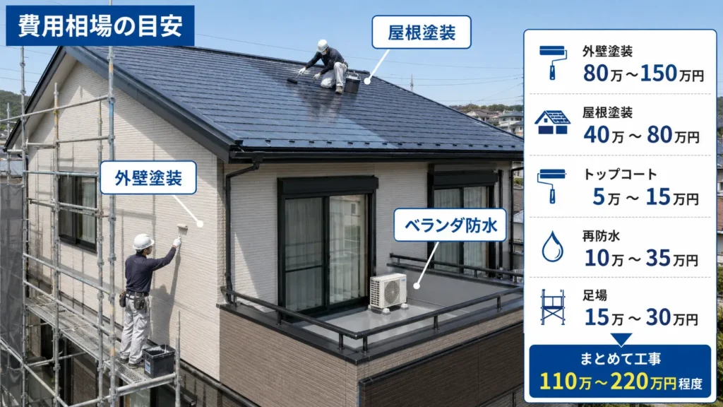外壁塗装・屋根塗装・ベランダ防水・足場の費用相場を示した戸建住宅の施工イメージ