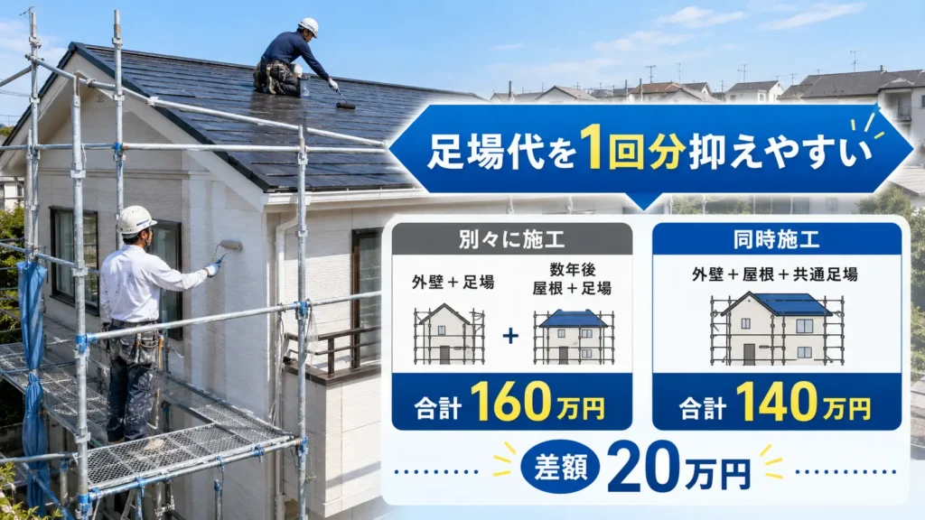 外壁塗装と屋根塗装を同時施工し、足場代を1回分抑える費用比較イメージ
