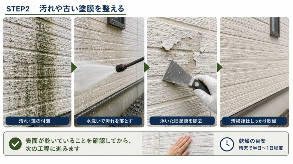 外壁の汚れや藻を洗浄し、浮いた古い塗膜を除去して乾燥させる流れを示した画像