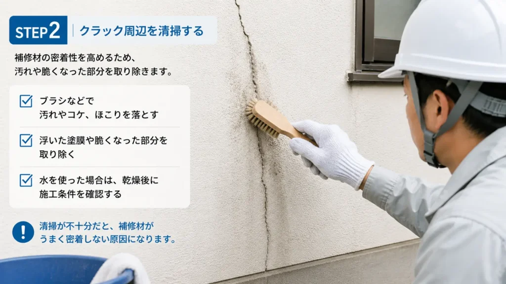 外壁のひび割れ補修前にブラシでクラック周辺の汚れや浮いた塗膜を清掃するSTEP2の画像