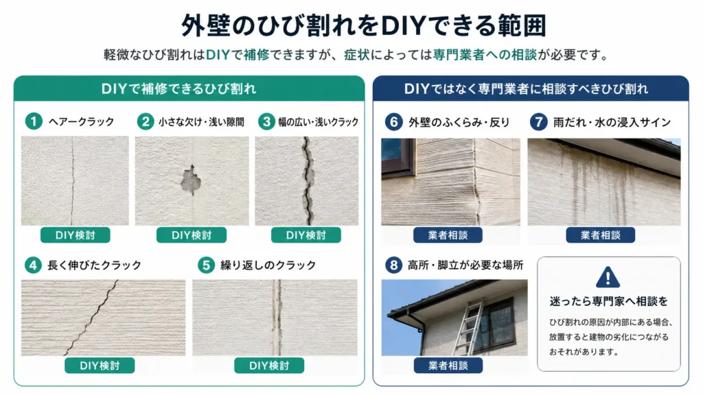 外壁のひび割れをDIYで補修できる範囲と業者に相談すべき症状を比較した画像