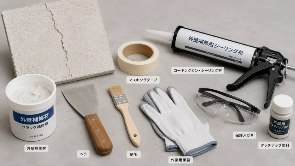 外壁のひび割れDIY補修に使う補修材・ヘラ・刷毛・マスキングテープ・コーキングガン・保護具を並べた画像