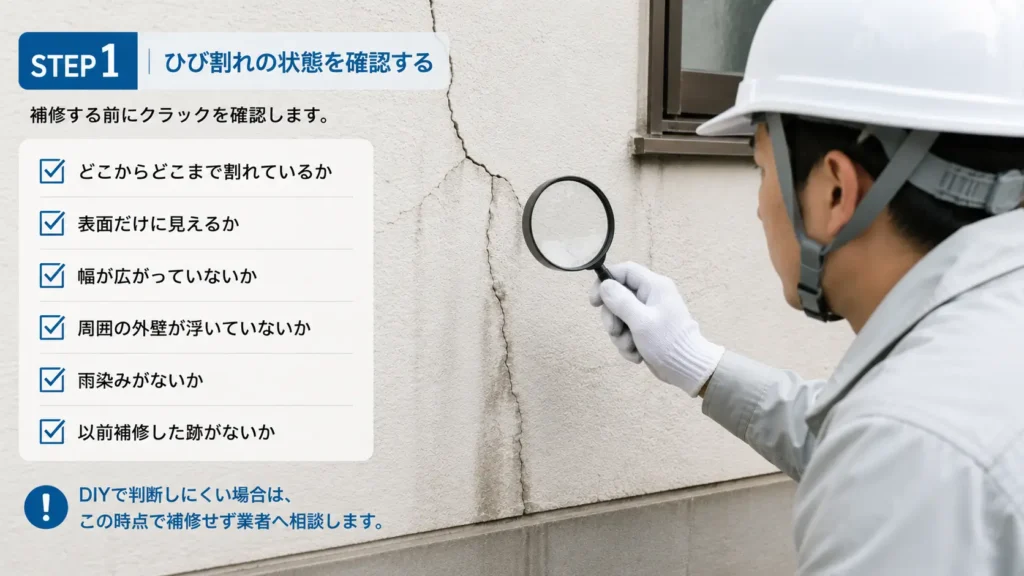 外壁のひび割れの長さ・幅・浮き・雨染み・補修跡を確認するSTEP1の点検画像