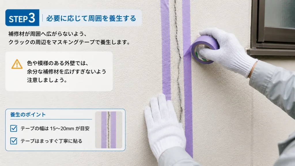 ひび割れ補修の前に、外壁のクラック周辺をマスキングテープで養生している様子