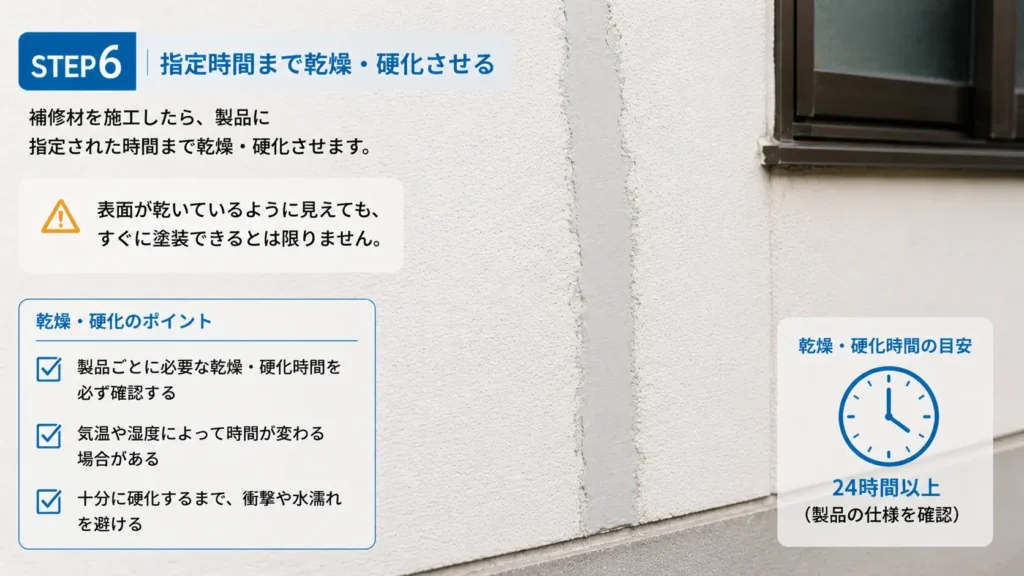 外壁のひび割れ補修後に補修材を指定時間まで乾燥・硬化させるSTEP6の画像