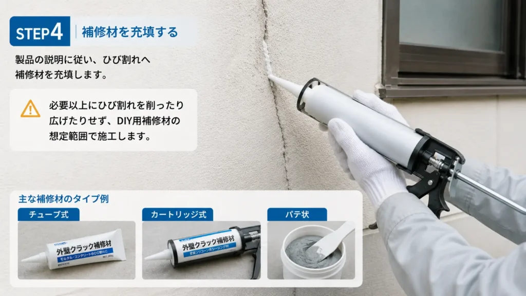 外壁のひび割れにコーキングガンで補修材を充填するSTEP4の作業画像