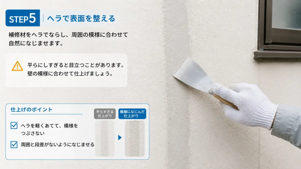 外壁のひび割れ補修で、充填した補修材をヘラでならして表面を整えている様子