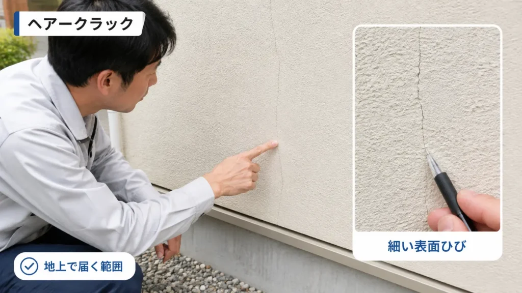 住宅の外壁に入った細いひび割れを確認しているイメージ