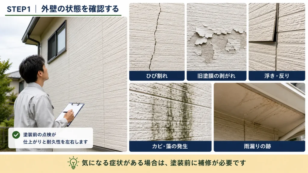 外壁塗装前にひび割れ・塗膜の剥がれ・浮き・カビ・雨漏り跡を確認する画像