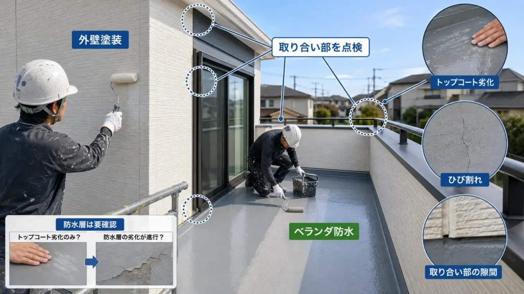 外壁塗装とベランダ防水を同時施工し、取り合い部分や防水層の劣化を点検する様子