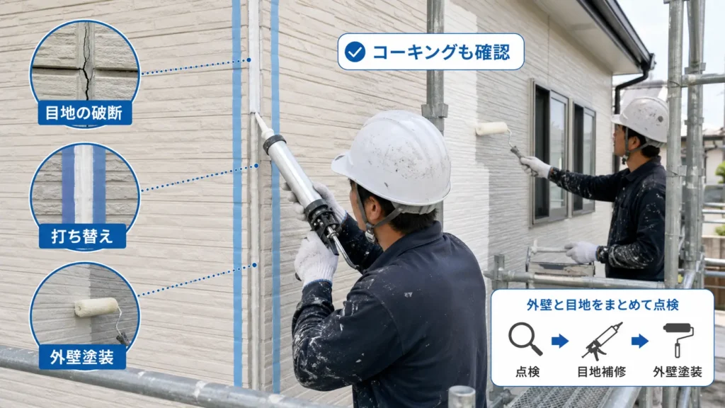 外壁塗装と同時にサイディング目地のコーキングを打ち替える施工イメージ