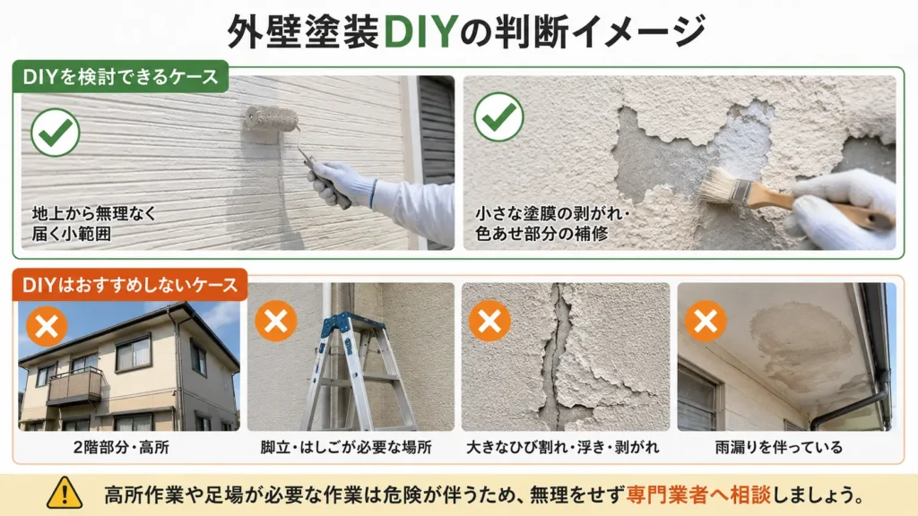 外壁塗装をDIYできる範囲と業者に任せるべきケースを写真で示した画像