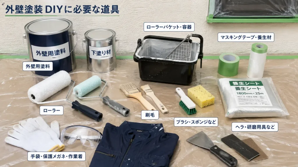 外壁塗装DIYに必要な塗料・ローラー・刷毛・養生材・保護具を並べた画像