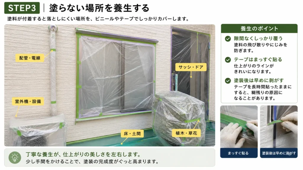 外壁塗装前に窓・配管・室外機・床・植木を養生する方法を示した画像