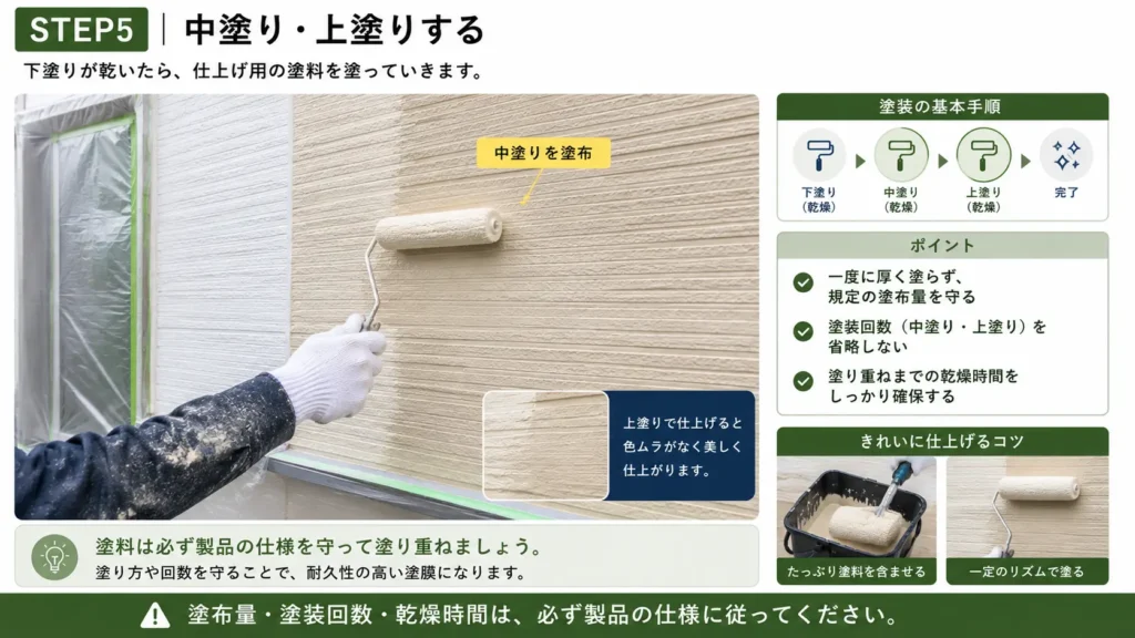 外壁塗装で中塗り・上塗りを行う手順と塗り重ねのポイントを示した画像