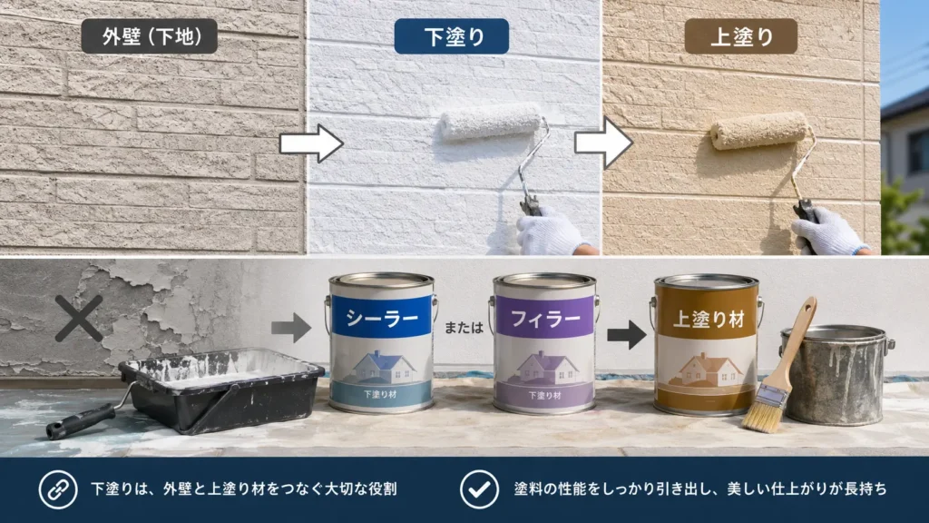 外壁塗装で下塗り材を使ってから上塗りする流れを示した画像