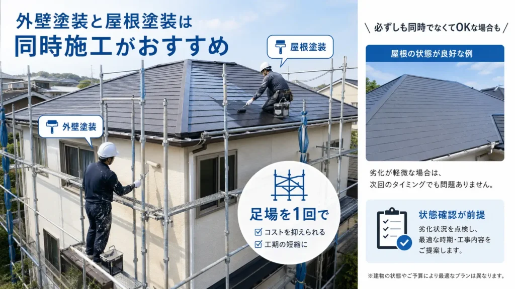 外壁塗装と屋根塗装を同時に行うメリットを紹介する住宅メンテナンス用の図解画像