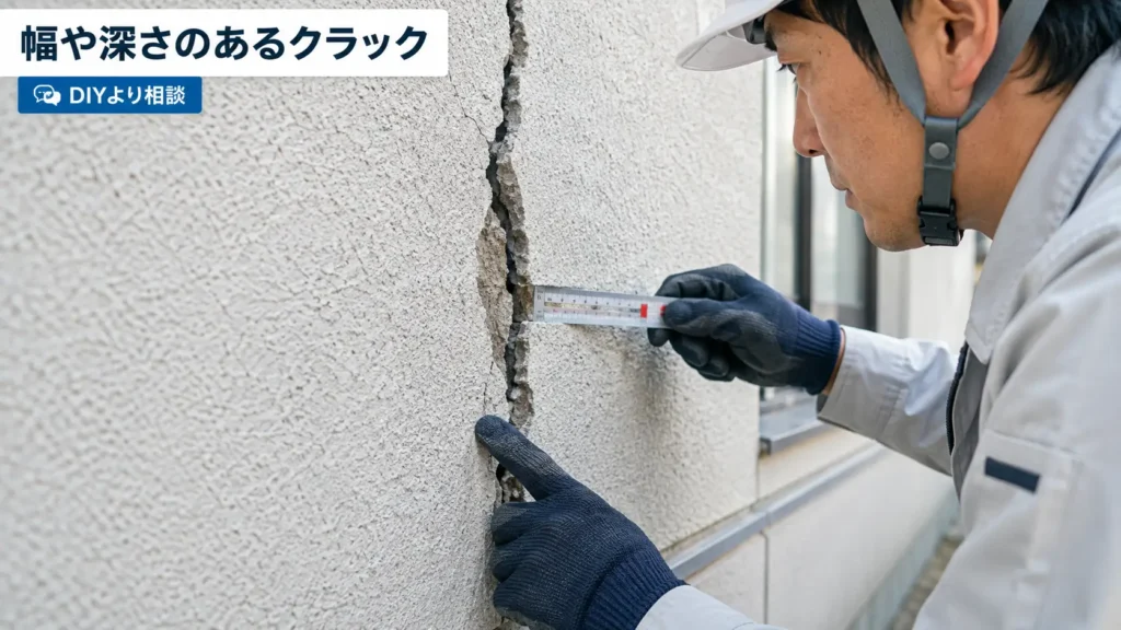 外壁にできた幅や深さのあるひび割れを点検している様子