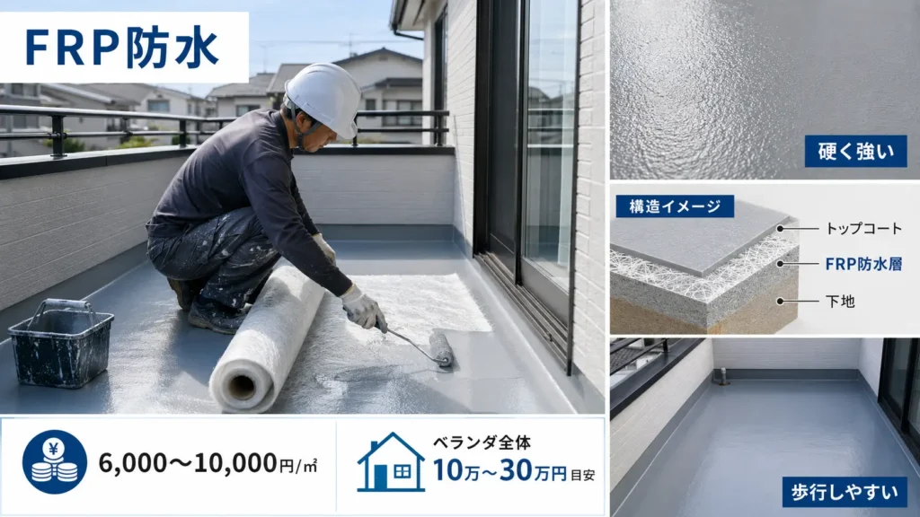 FRP防水の施工方法と防水層の構造、ベランダ工事の費用目安を示した画像