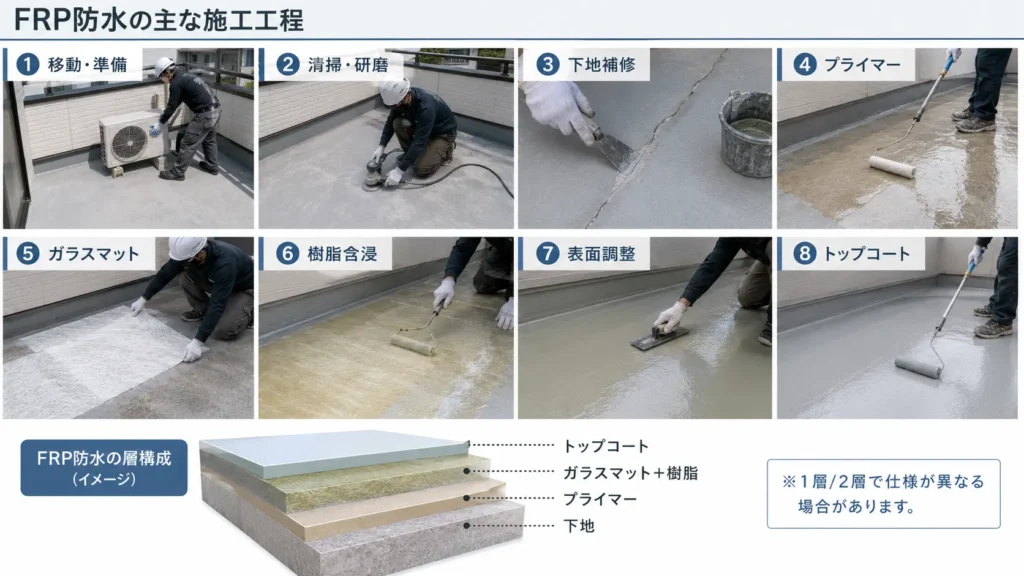 ベランダのFRP防水について、清掃・下地補修からガラスマット施工、樹脂含浸、トップコートまでの工程を示した画像