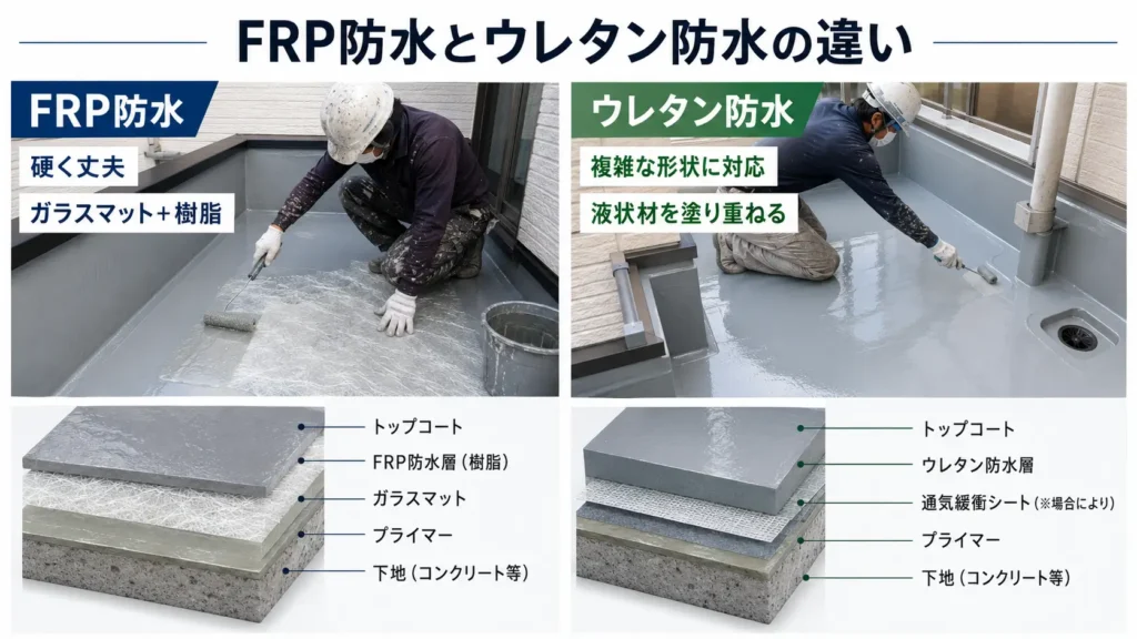 FRP防水とウレタン防水の施工方法・防水層の構造・仕上がりの違いを比較した画像