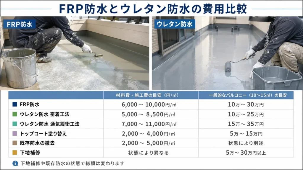 FRP防水とウレタン防水の費用相場や工法の違いを比較したベランダ防水の解説画像