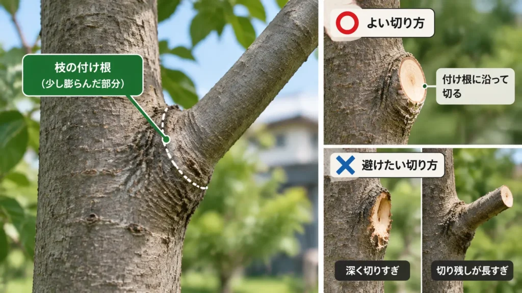 庭木の枝の付け根を残して切る位置と、深切りや長い切り残しを避ける剪定方法を示した画像