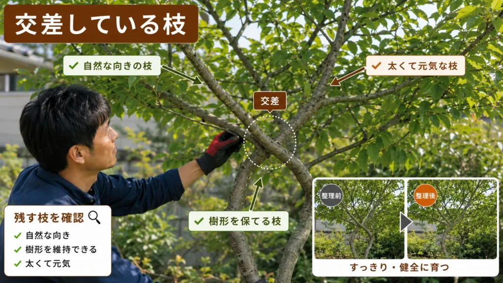 庭木の交差している枝を確認し、自然な向きや樹形を見ながら残す枝を判断する剪定ガイド画像