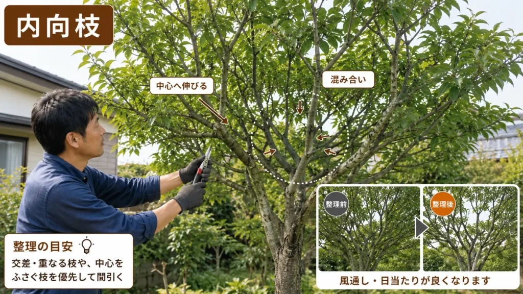 庭木の中心方向へ伸びる内向枝と、混み合った枝を整理する剪定の考え方を示した画像