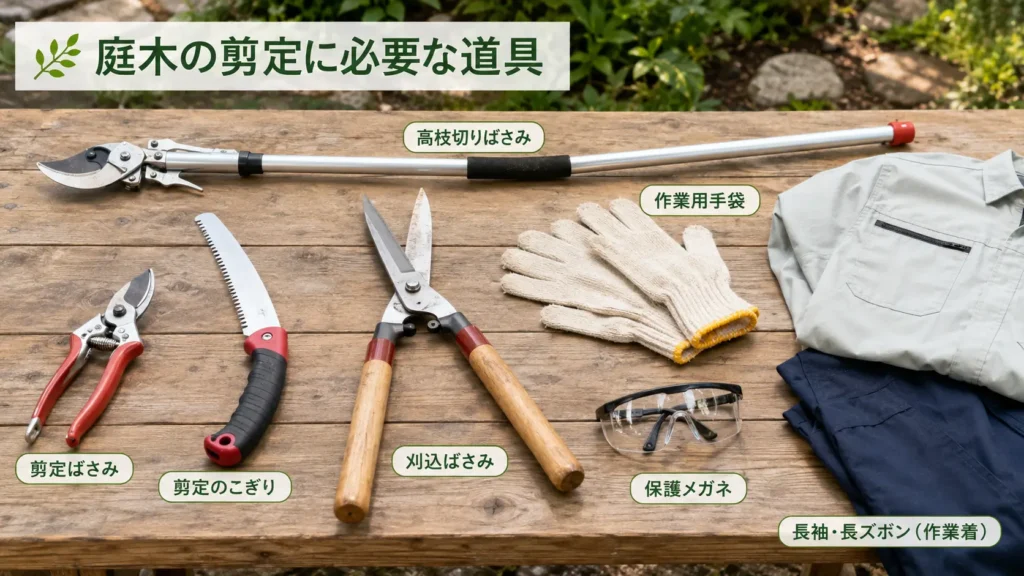 庭木の剪定に必要な剪定ばさみ、剪定のこぎり、刈込ばさみ、高枝切りばさみ、手袋、保護メガネ、作業着を並べた画像