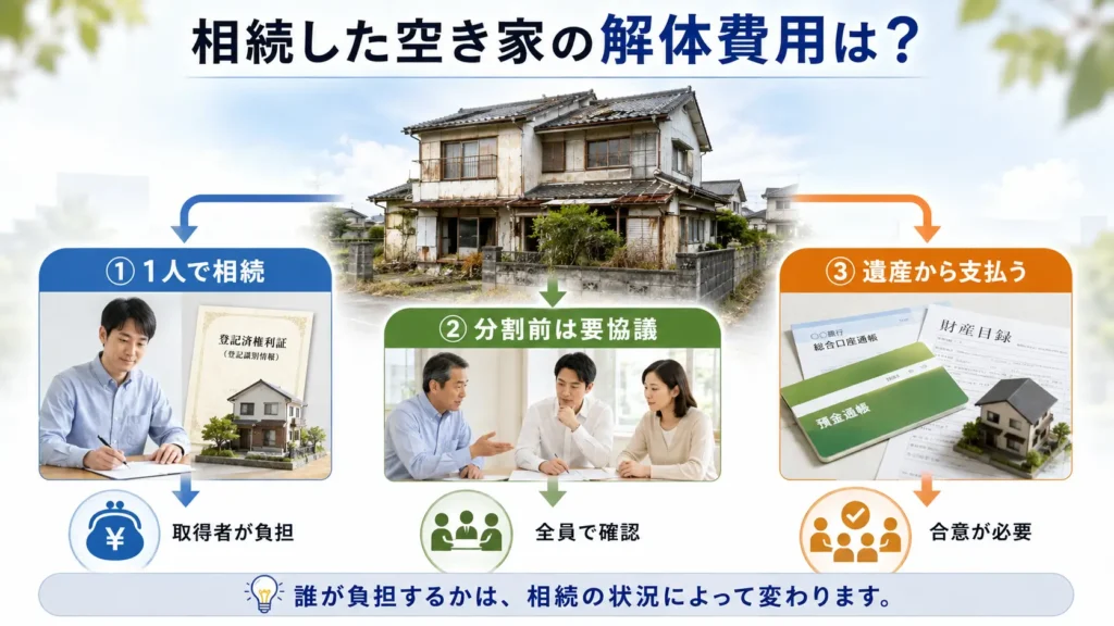 相続した空き家の解体費用を誰が負担するかを、一人相続・遺産分割前・遺産から支払う場合に分けた図解