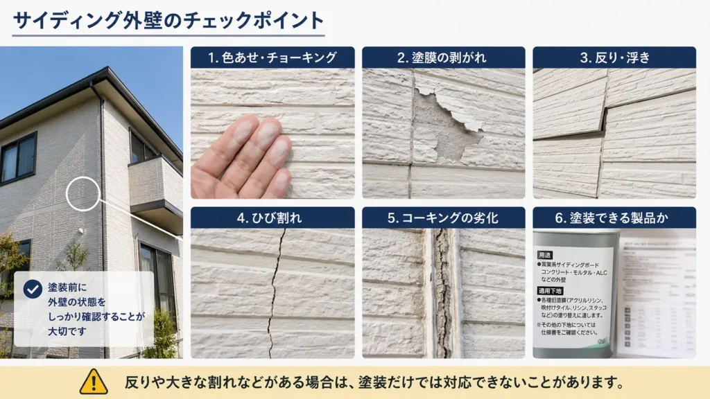 サイディング外壁の色あせ・剥がれ・反り・ひび割れ・コーキング劣化を確認する画像