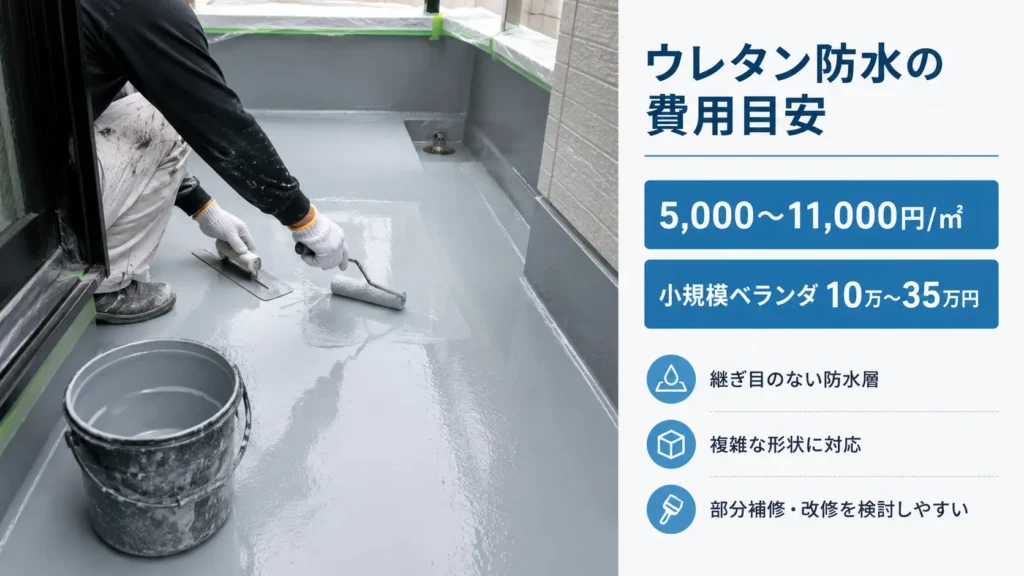 ベランダのウレタン防水施工と、1㎡当たり・ベランダ全体の費用目安を示した画像