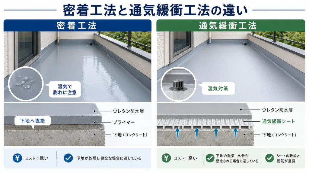 ウレタン防水の密着工法と通気緩衝工法について、構造・費用・湿気対策の違いを比較した画像