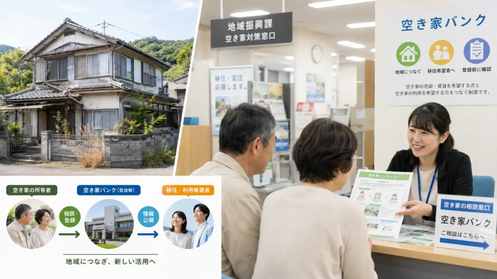 空き家バンクの相談窓口と登録の流れを示した案内イメージ