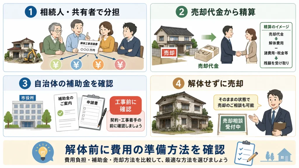 空き家の解体費用を相続人で分担・売却代金から精算・補助金利用・解体せず売却する方法で比較した図解
