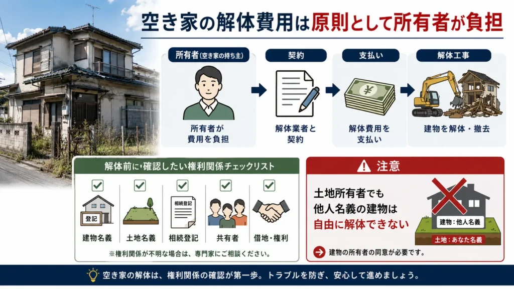 空き家の解体費用は原則として建物所有者が負担し、解体前に名義や権利関係を確認する流れを示した図解