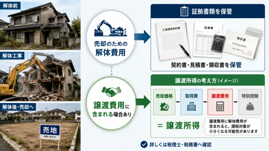 空き家を売却するための解体費用が譲渡費用に含まれる場合と、必要書類の保管を示した図解